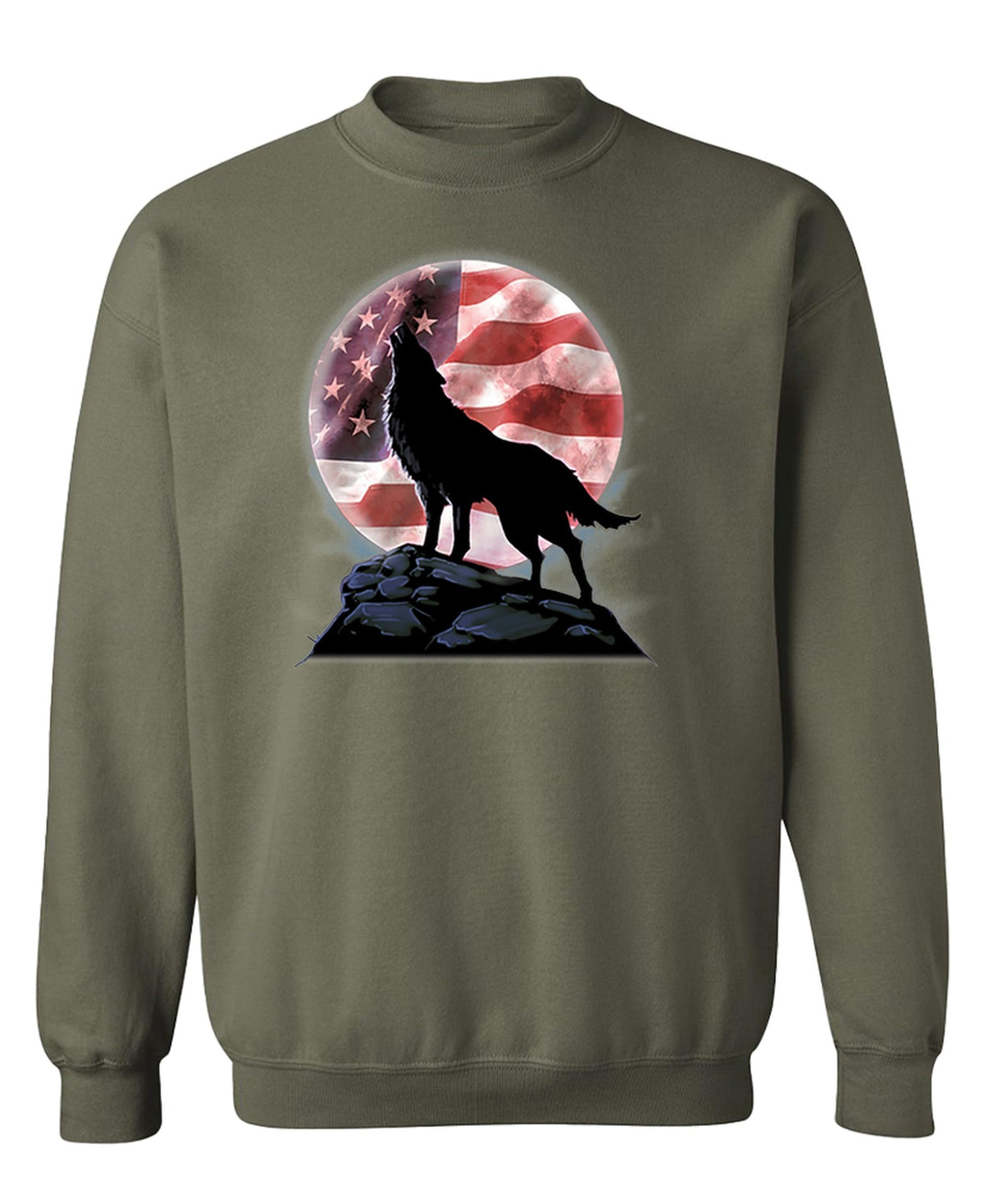 Wolf and American Flag Moon — Military Green Sweatshirt — front