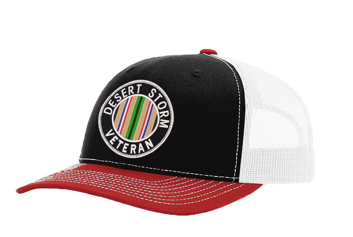 Desert Storm Veteran — Desert Storm Veteran - Black White and Red - Standard Bill Embroidered Trucker Hat — front
