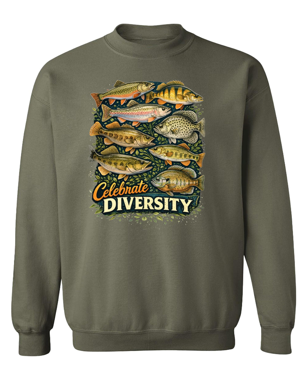 Fishing Shirt Men Celebrate Diversity Freshwater Fish — Military Green Sweatshirt — front