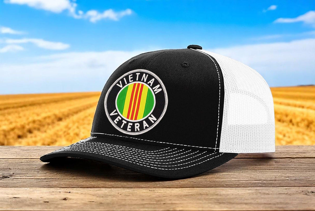 Vietnam Veteran Oval — Vietnam Veteran Oval Logo - Black and White - Standard Bill Embroidered Trucker Hat — existing lifestyle 1