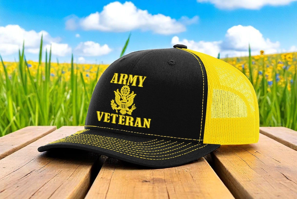 Army Veteran — Army Veteran - Black and Yellow - Standard Embroidered Trucker Hat — existing lifestyle 1