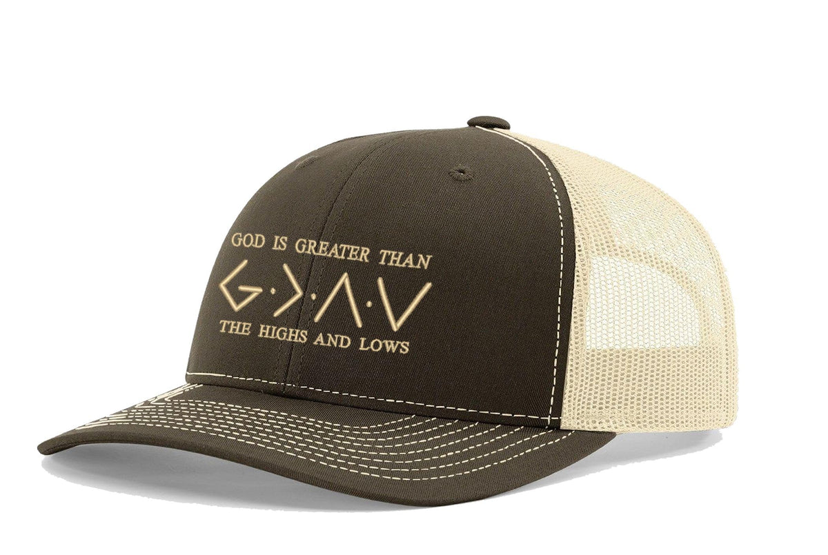 God Is Greater Than the Highs and Lows — God is Greater - Chocolate and Birch - Standard Bill Embroidered Trucker Hat — front