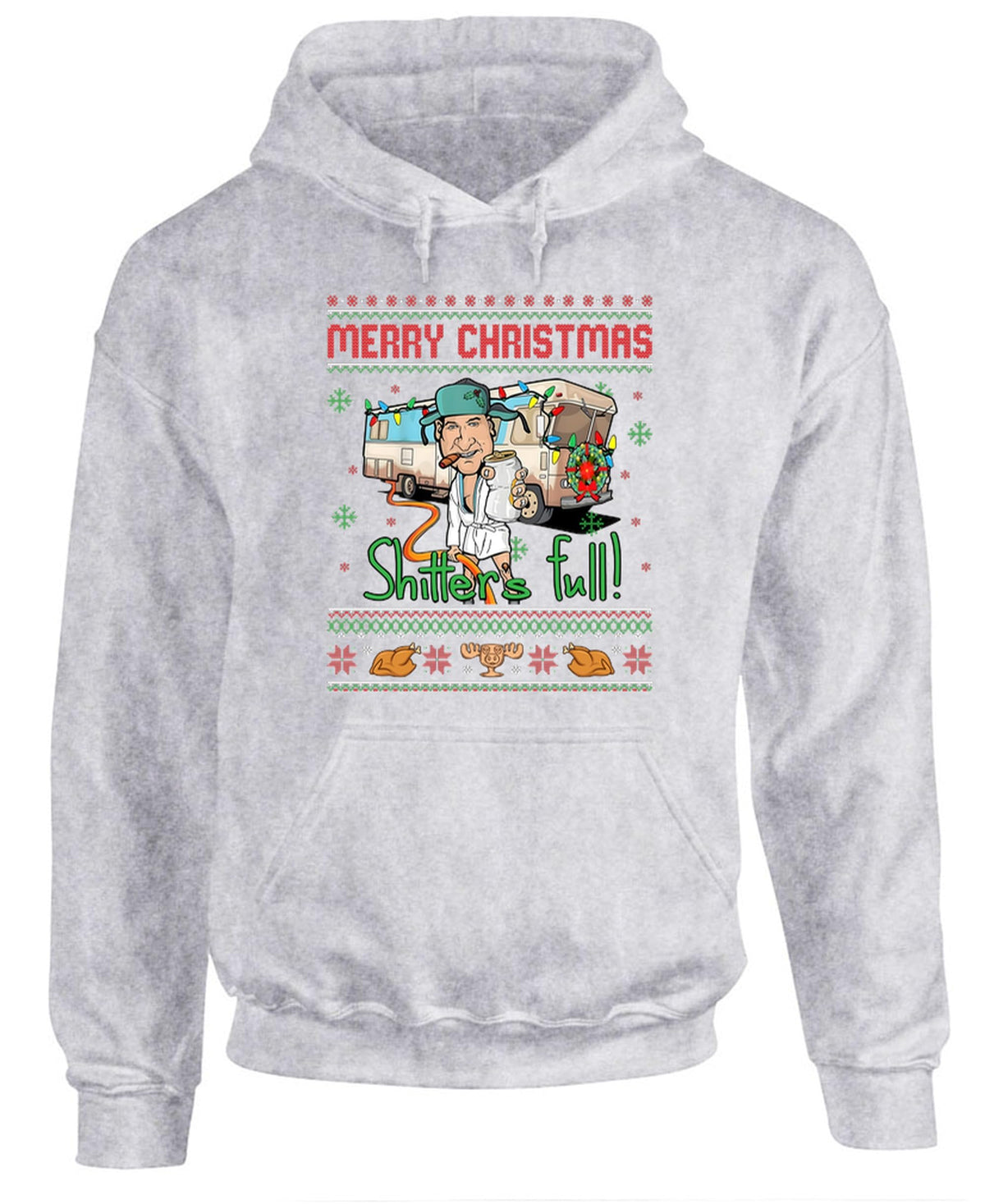 Shitter's Full Funny Holiday Humor Novelty — Ash Grey Hoodie — front