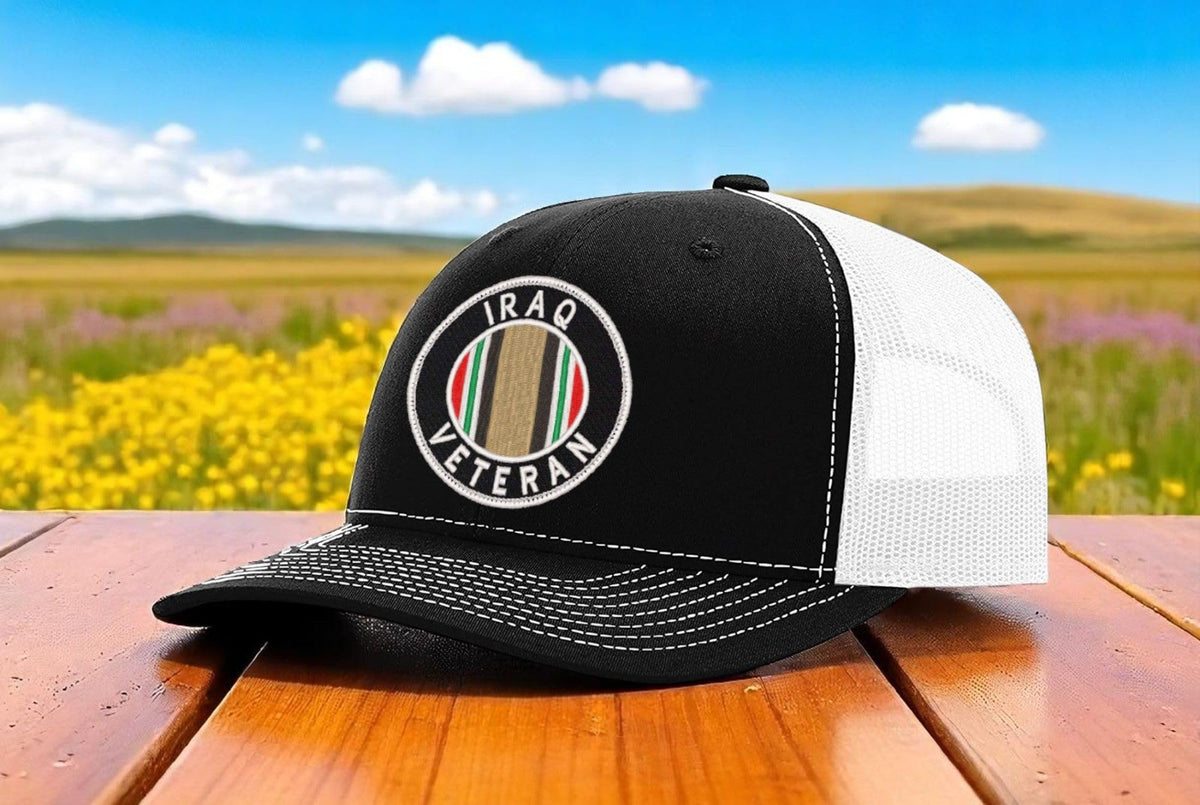 Iraq Veteran — Iraq Veteran - Black and White - Standard Embroidered Trucker Hat — existing lifestyle 1