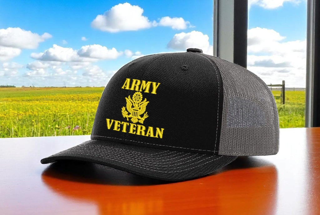 Army Veteran — Army Veteran - Black and Grey - Standard Embroidered Trucker Hat — existing lifestyle 1