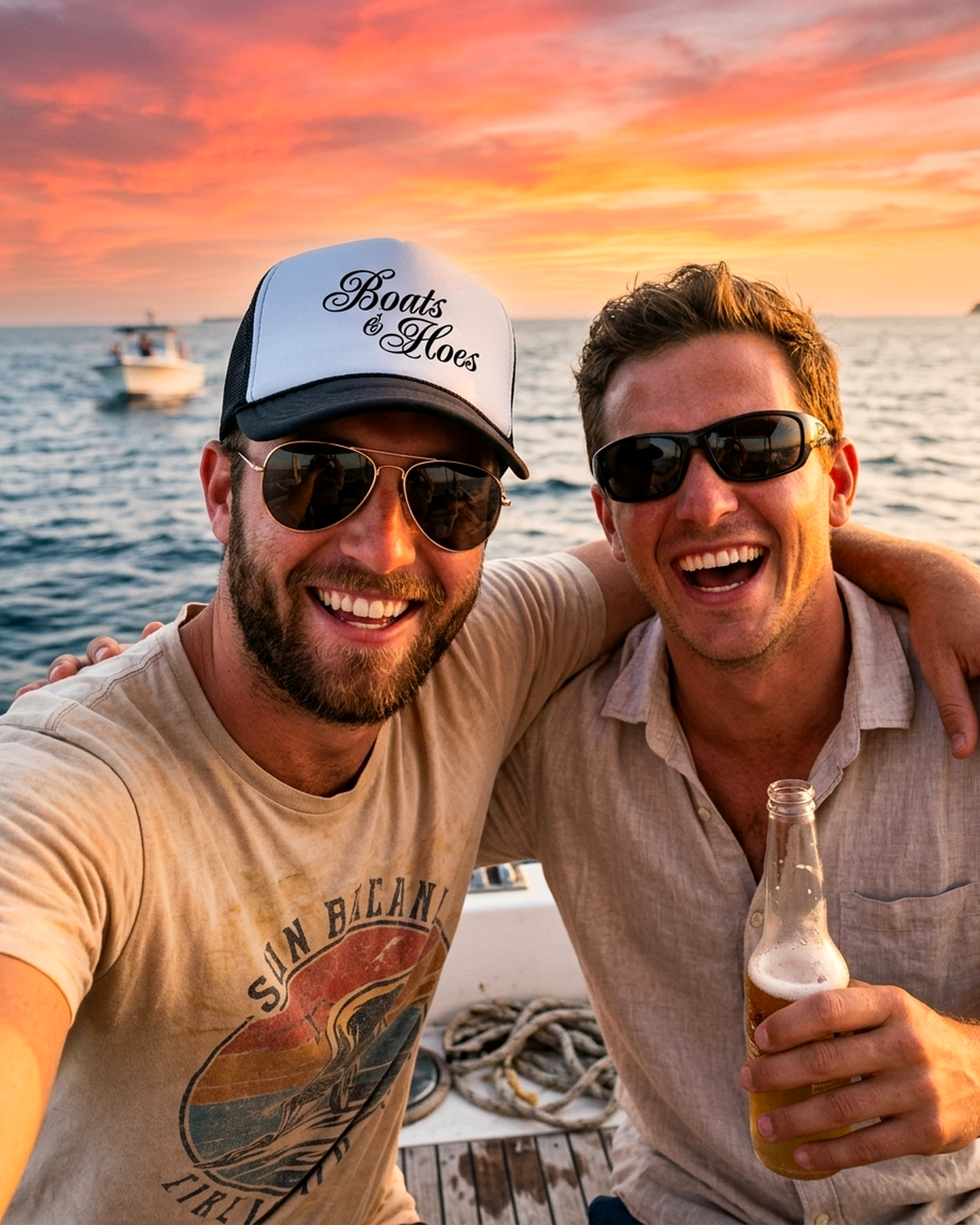 Two friends on a boat at sunset, one wearing the Boats & Hoes retro trucker hat