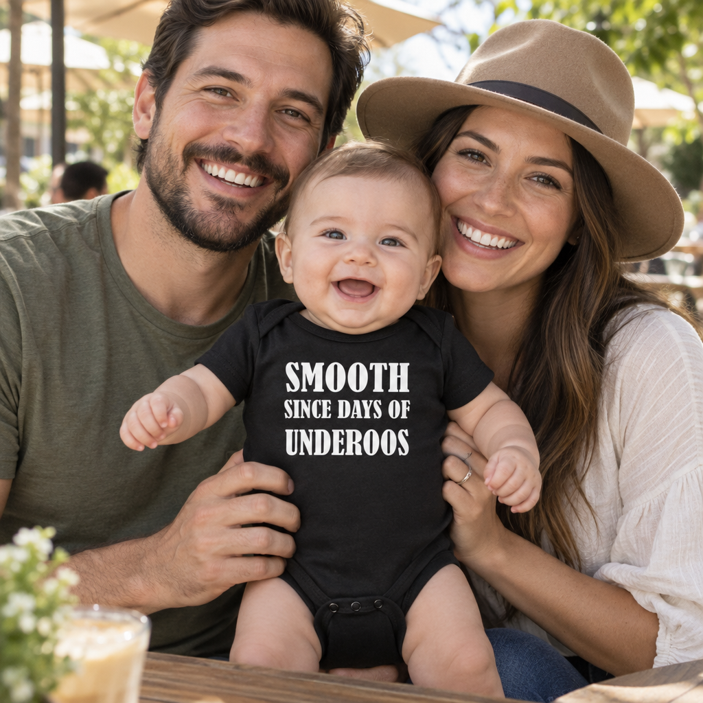 Smooth Since Days of Underoos — Black Infant Bodysuit — lifestyle group
