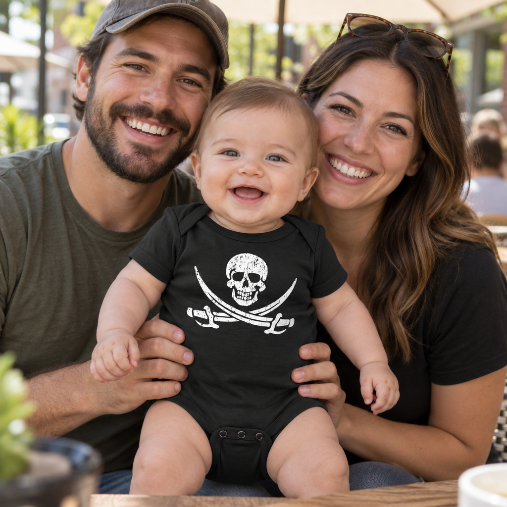 Jolly Roger Pirate — Black Infant Bodysuit — lifestyle group