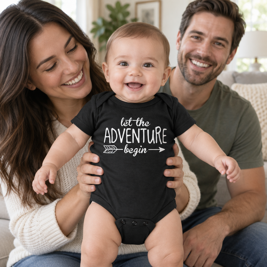 Let the Adventure Begin — Black Infant Bodysuit — lifestyle group