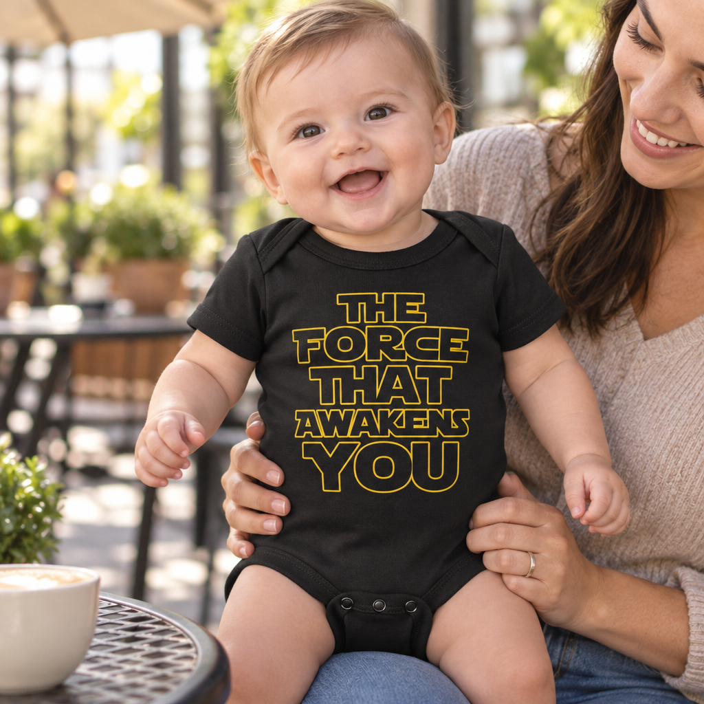 The Force That Awakens You — Black Infant Bodysuit — lifestyle hero