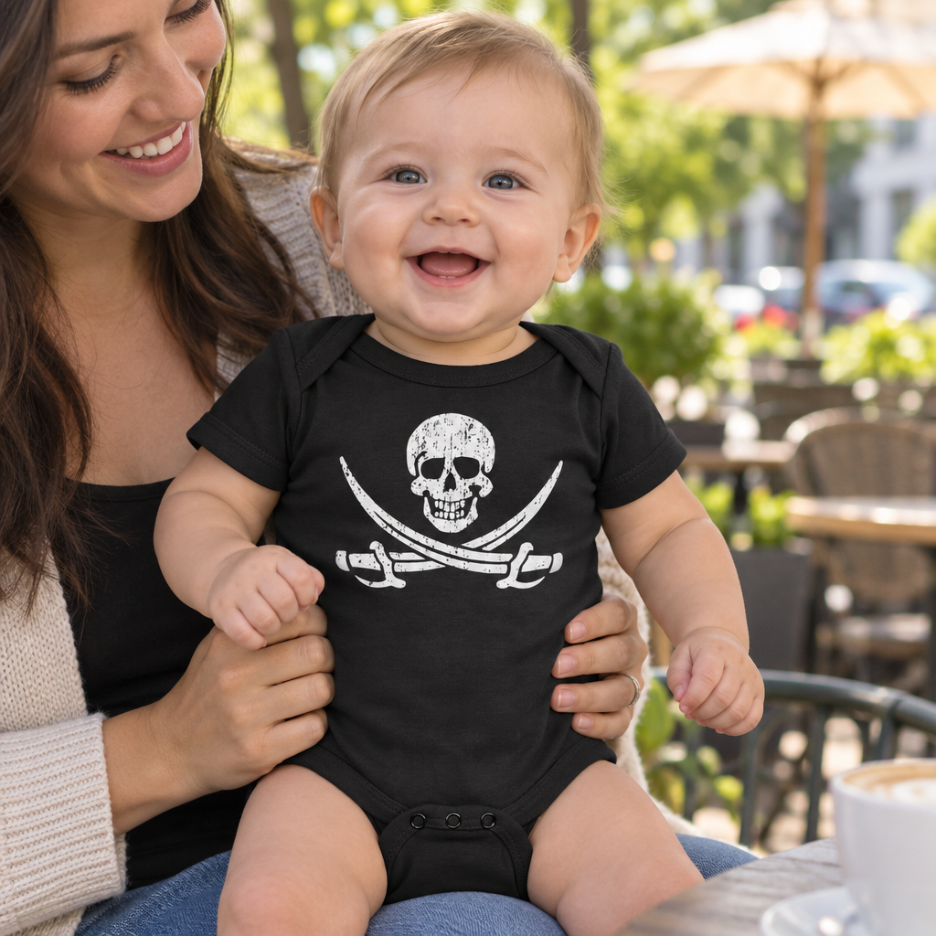 Jolly Roger Pirate — Black Infant Bodysuit — lifestyle hero