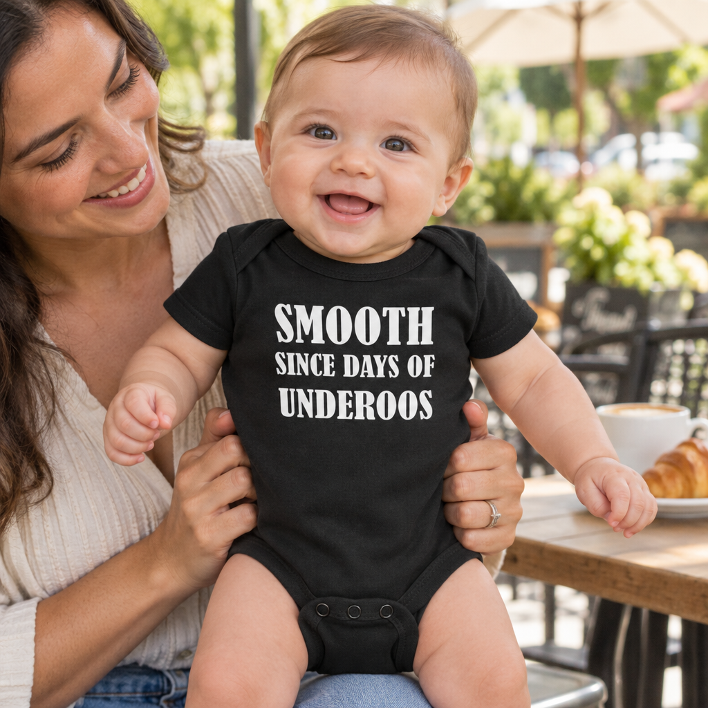 Smooth Since Days of Underoos — Black Infant Bodysuit — lifestyle hero