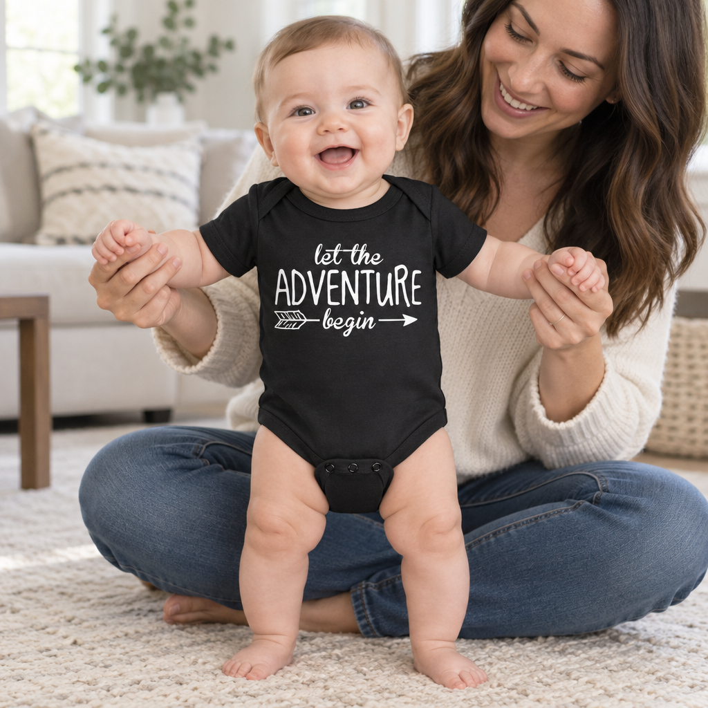 Let the Adventure Begin — Black Infant Bodysuit — lifestyle hero
