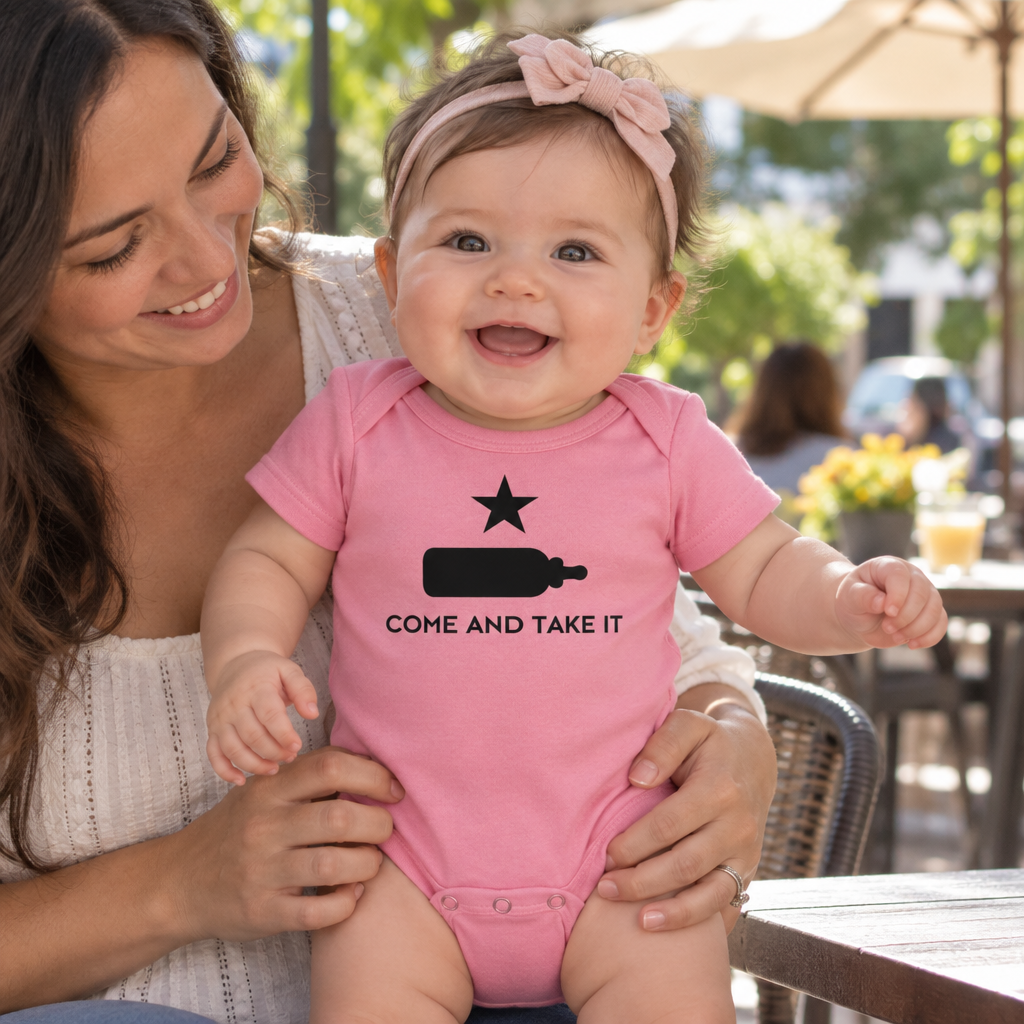 Come and Take It Baby Bottle — Pink Infant Bodysuit — lifestyle alt