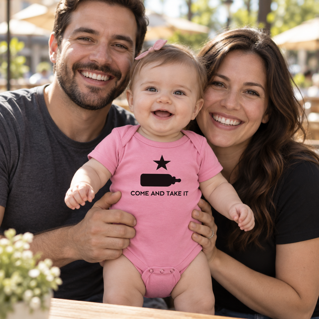 Come and Take It Baby Bottle — Pink Infant Bodysuit — lifestyle group