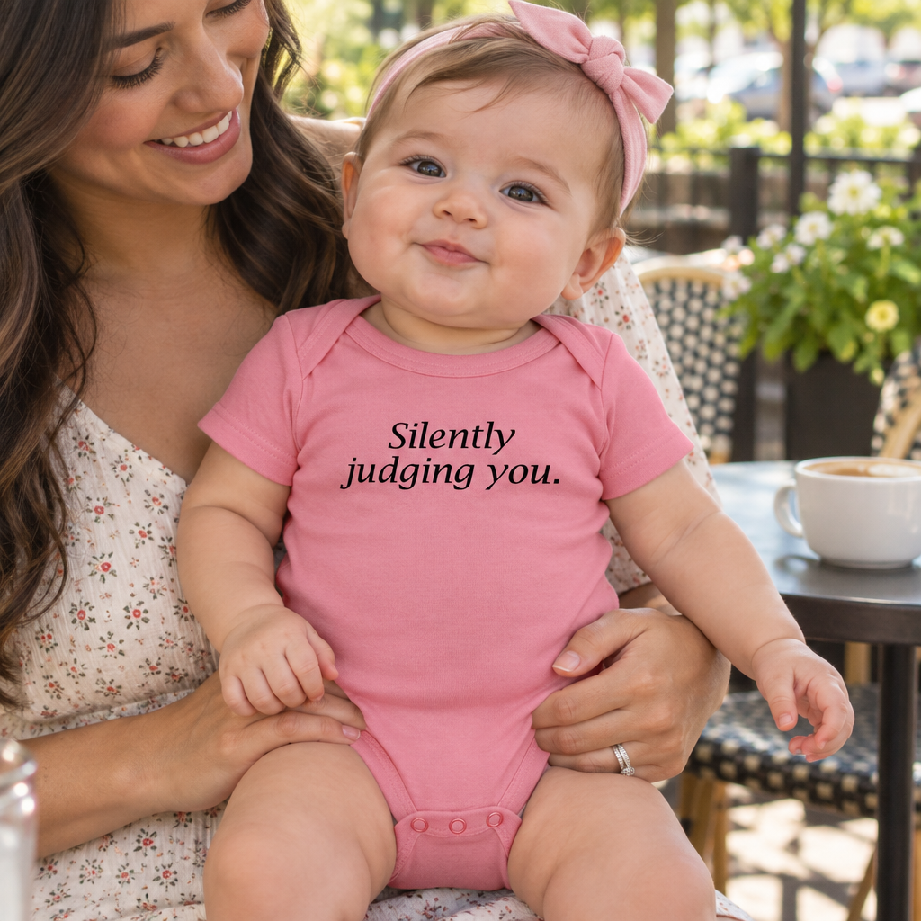Silently Judging You — Pink Infant Bodysuit — lifestyle hero