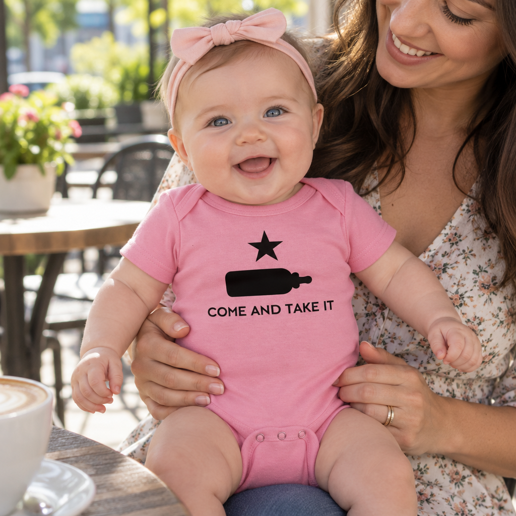 Come and Take It Baby Bottle — Pink Infant Bodysuit — lifestyle hero