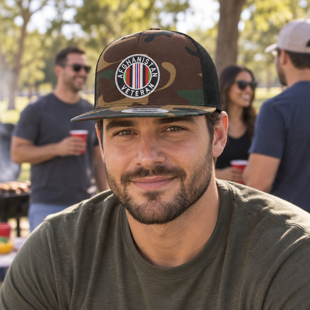Afghanistan Veteran — Afghanistan Veteran - Camo and Black - Flat Bill Embroidered Trucker Hat — lifestyle alt