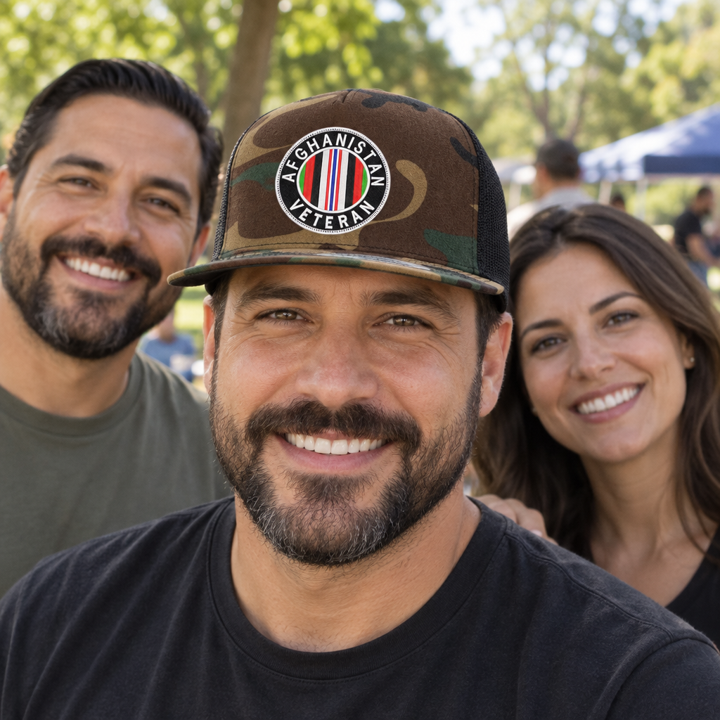 Afghanistan Veteran — Afghanistan Veteran - Camo and Black - Flat Bill Embroidered Trucker Hat — lifestyle group