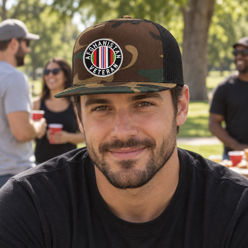 Afghanistan Veteran — Afghanistan Veteran - Camo and Black - Flat Bill Embroidered Trucker Hat — lifestyle hero