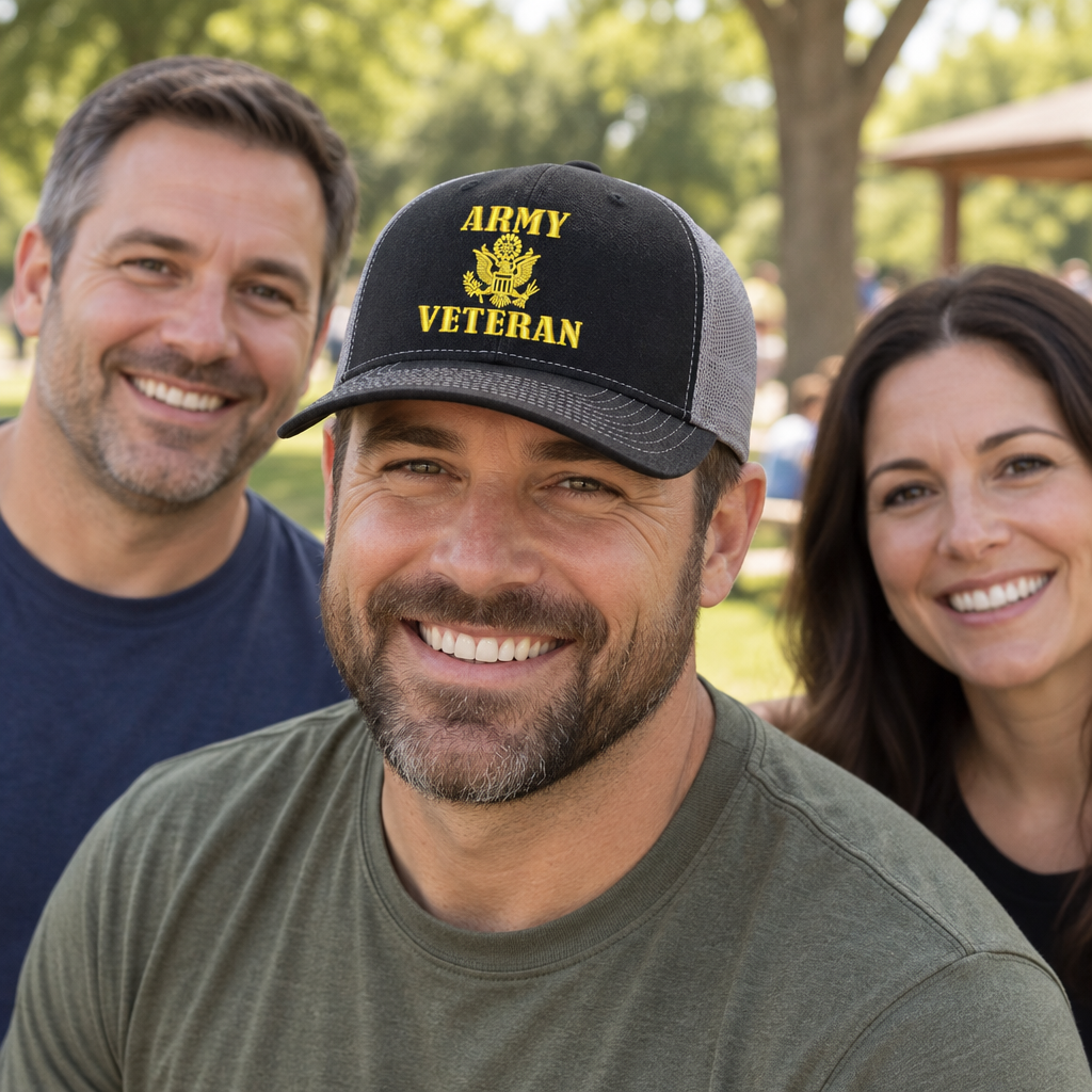 Army Veteran — Army Veteran - Black and Grey - Standard Embroidered Trucker Hat — lifestyle group