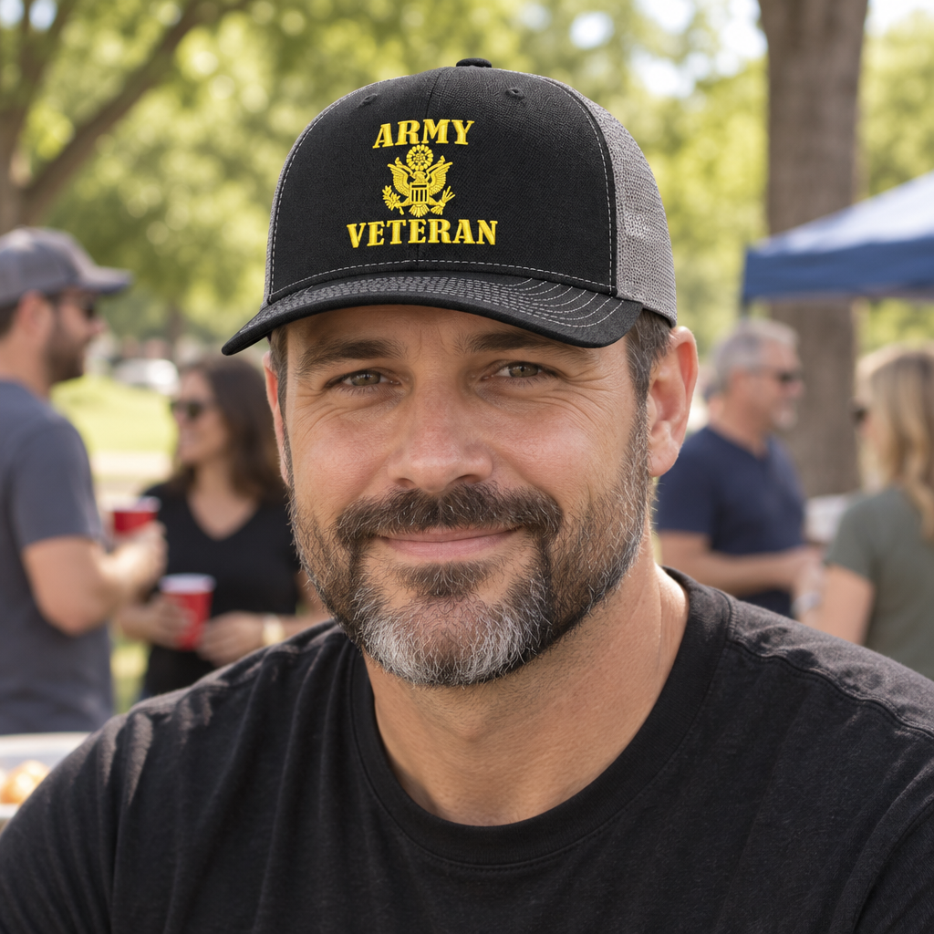 Army Veteran — Army Veteran - Black and Grey - Standard Embroidered Trucker Hat — lifestyle hero