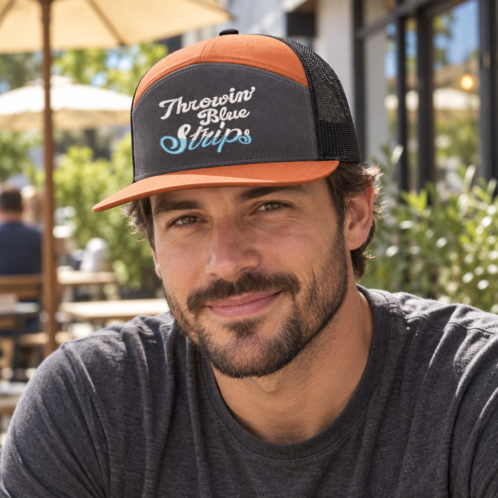 Throwin Blue Strips — Throwin’ Blue Strips - Burnt Orange Charcoal and Black - 7 Panel Flat Bill Embroidered Trucker Hat — lifestyle alt