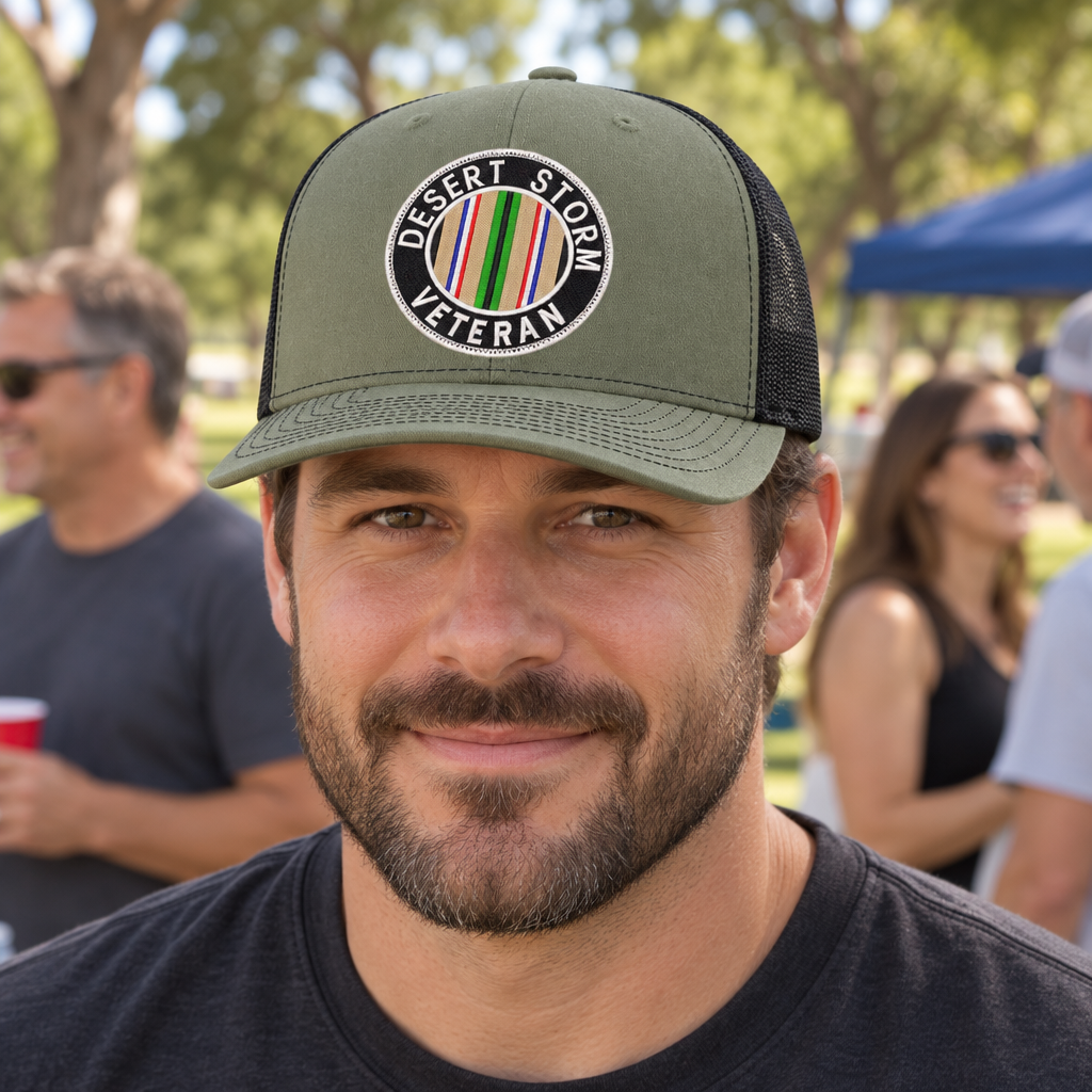 Desert Storm Veteran — Desert Storm Veteran - Army Green and Black - Standard Bill Embroidered Trucker Hat — lifestyle alt