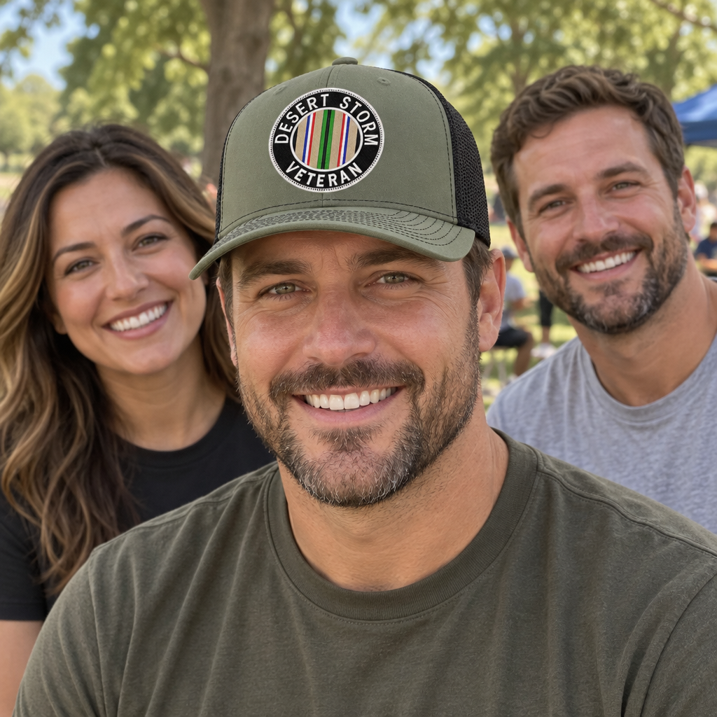 Desert Storm Veteran — Desert Storm Veteran - Army Green and Black - Standard Bill Embroidered Trucker Hat — lifestyle group