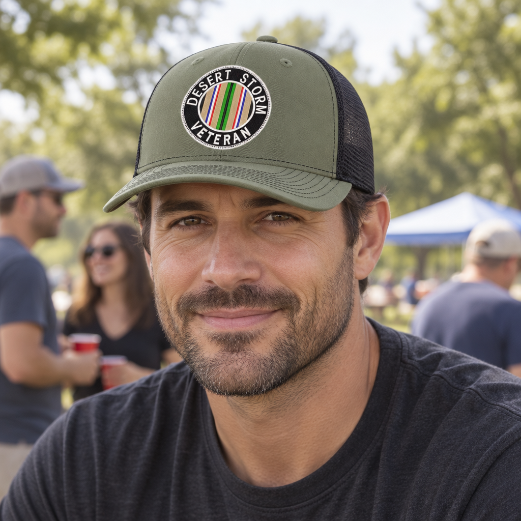 Desert Storm Veteran — Desert Storm Veteran - Army Green and Black - Standard Bill Embroidered Trucker Hat — lifestyle hero