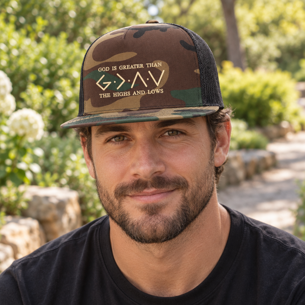 God Is Greater Than the Highs and Lows — God is Greater - Camo and Black - Flat Bill Embroidered Trucker Hat — lifestyle alt