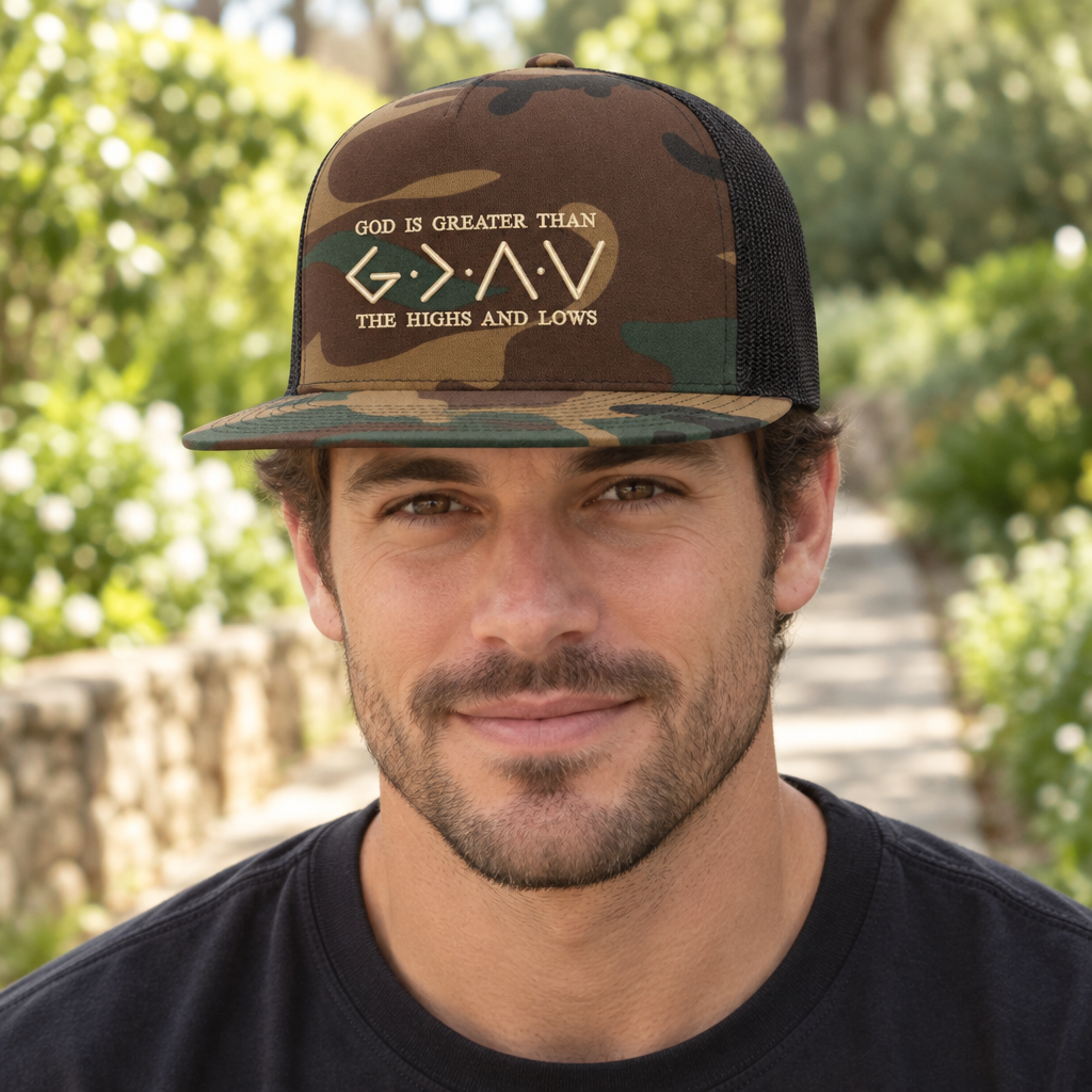 God Is Greater Than the Highs and Lows — God is Greater - Camo and Black - Flat Bill Embroidered Trucker Hat — lifestyle hero