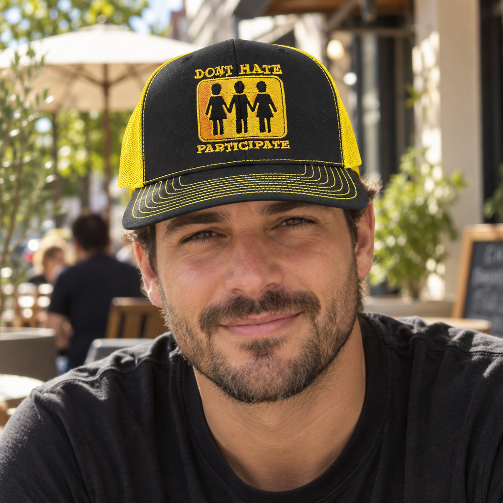 Don't Hate Participate — Don’t Hate Participate - Black and Yellow - Standard Bill Embroidered Trucker Hat — lifestyle alt