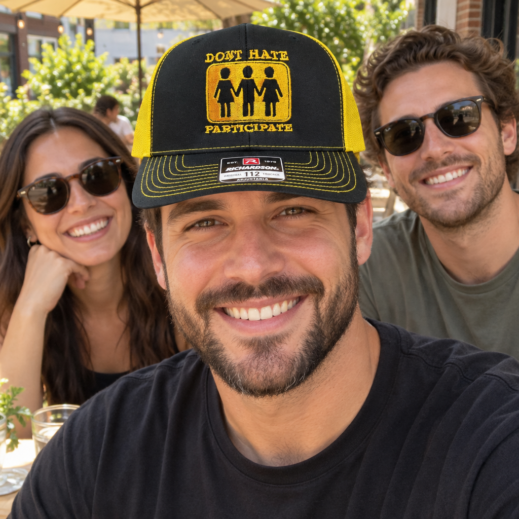 Don't Hate Participate — Don’t Hate Participate - Black and Yellow - Standard Bill Embroidered Trucker Hat — lifestyle group