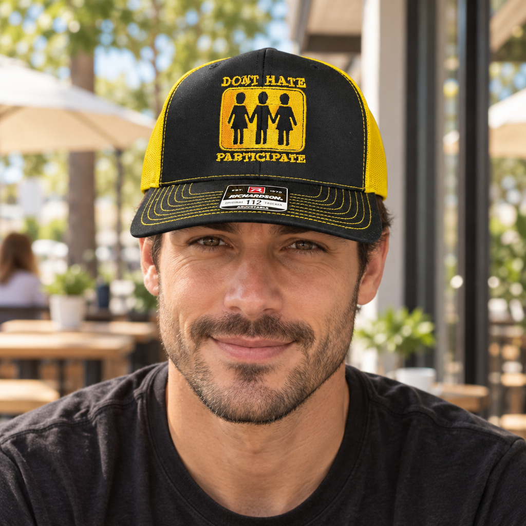 Don't Hate Participate — Don’t Hate Participate - Black and Yellow - Standard Bill Embroidered Trucker Hat — lifestyle hero