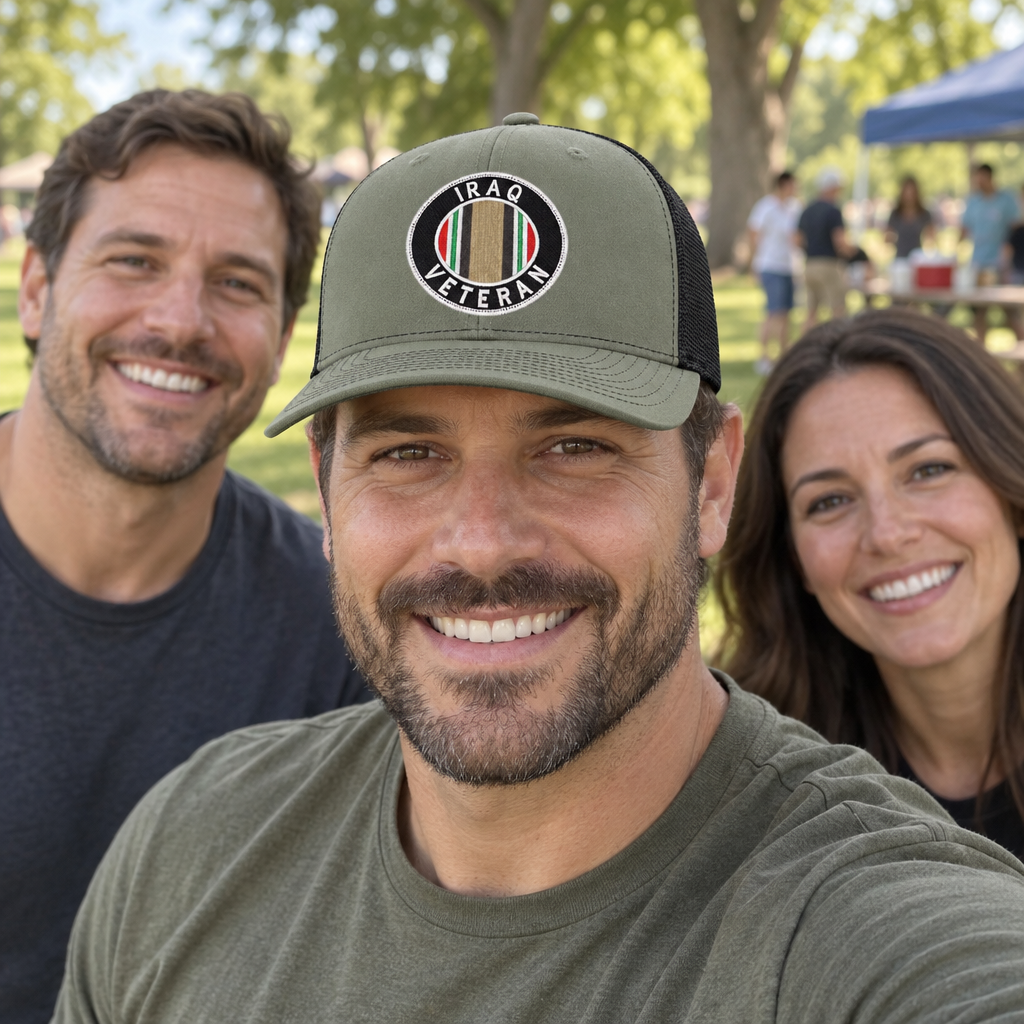 Iraq Veteran — Iraq Veteran - Army Green and Black - Standard Embroidered Trucker Hat — lifestyle group
