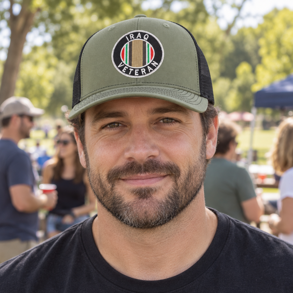 Iraq Veteran — Iraq Veteran - Army Green and Black - Standard Embroidered Trucker Hat — lifestyle hero