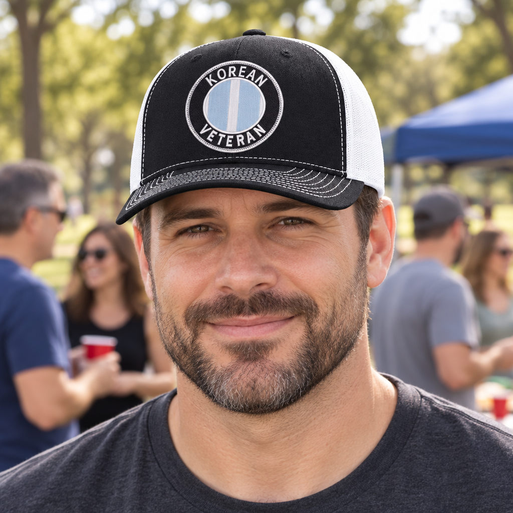 Korean Veteran — Korean Veteran - Black and White - Standard Embroidered Trucker Hat — lifestyle hero