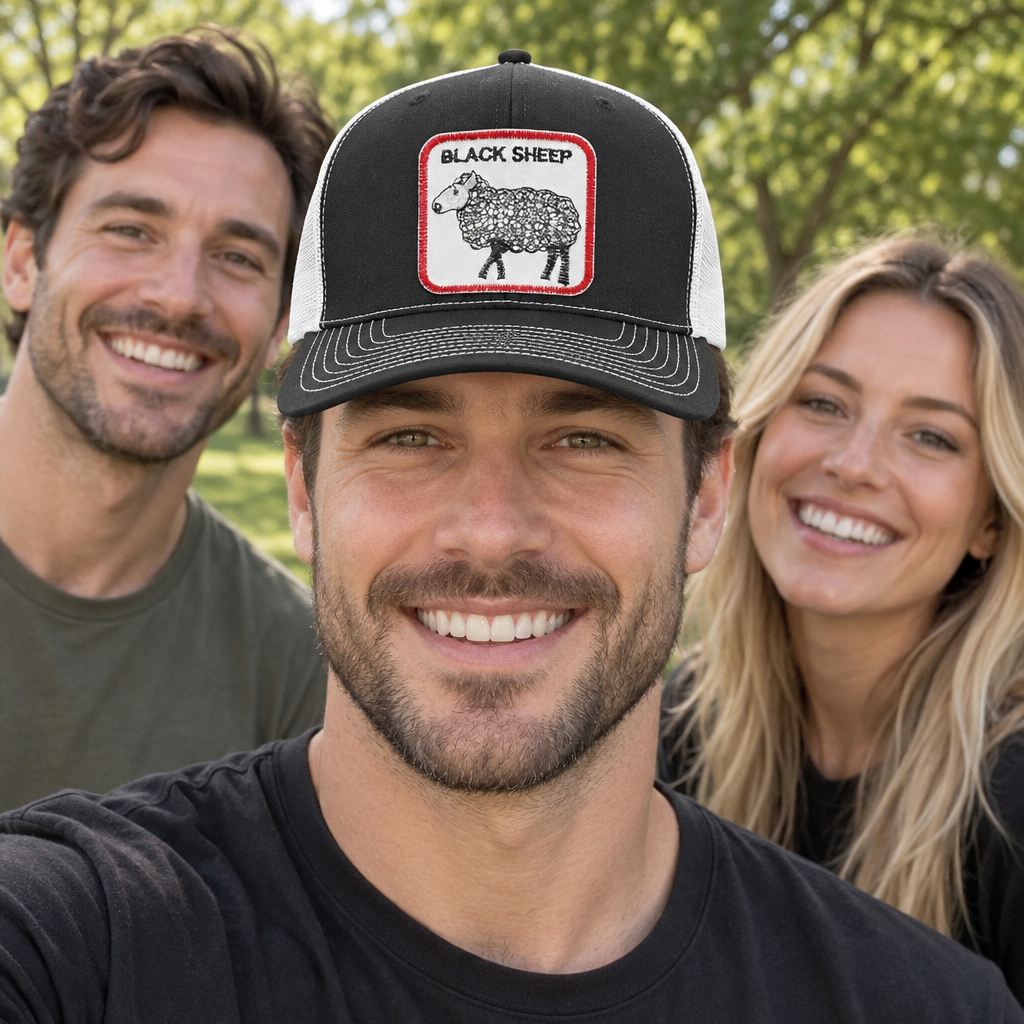 Black Sheep — Black Sheep - Black and White - Standard Bill Embroidered Trucker Hat — lifestyle group