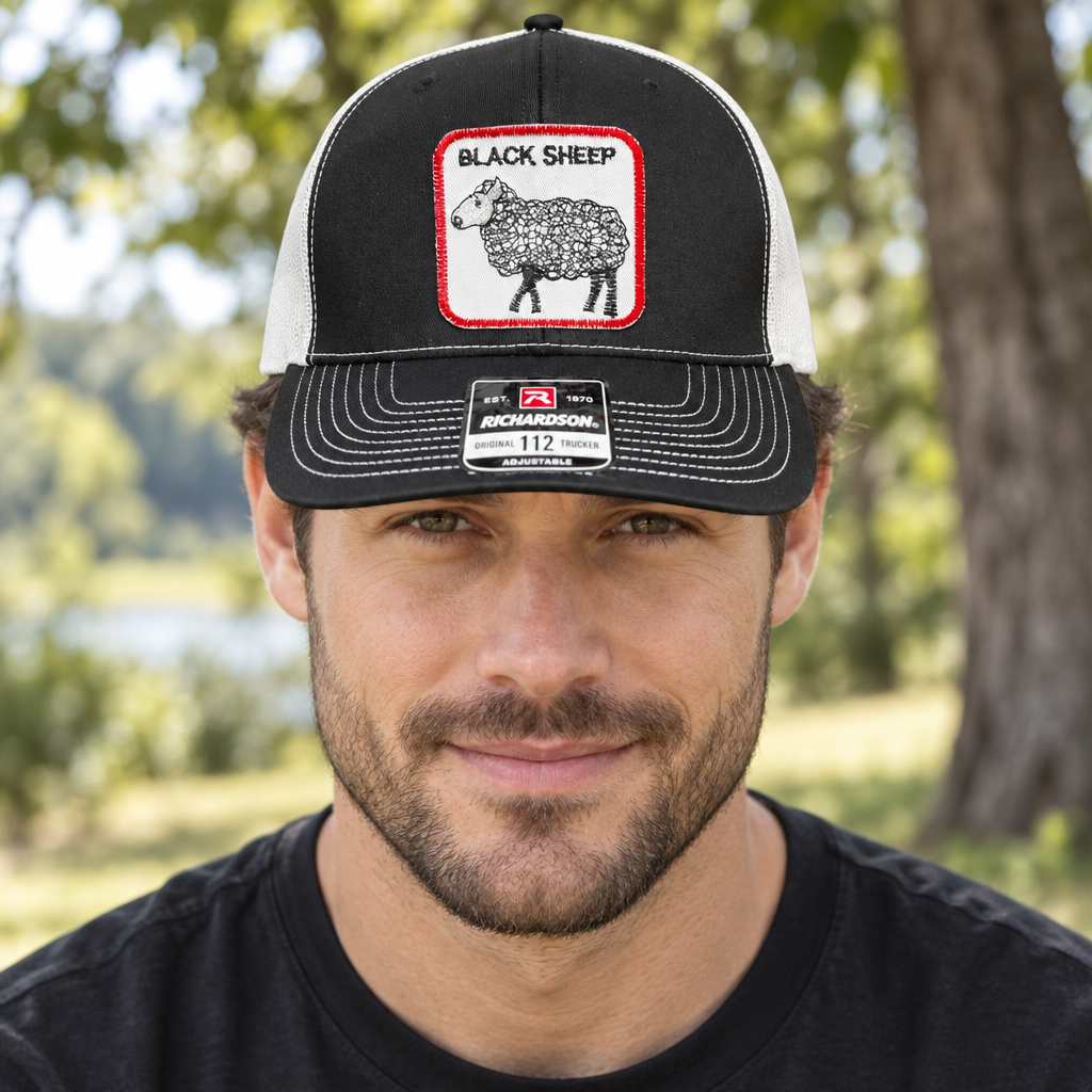 Black Sheep — Black Sheep - Black and White - Standard Bill Embroidered Trucker Hat — lifestyle hero
