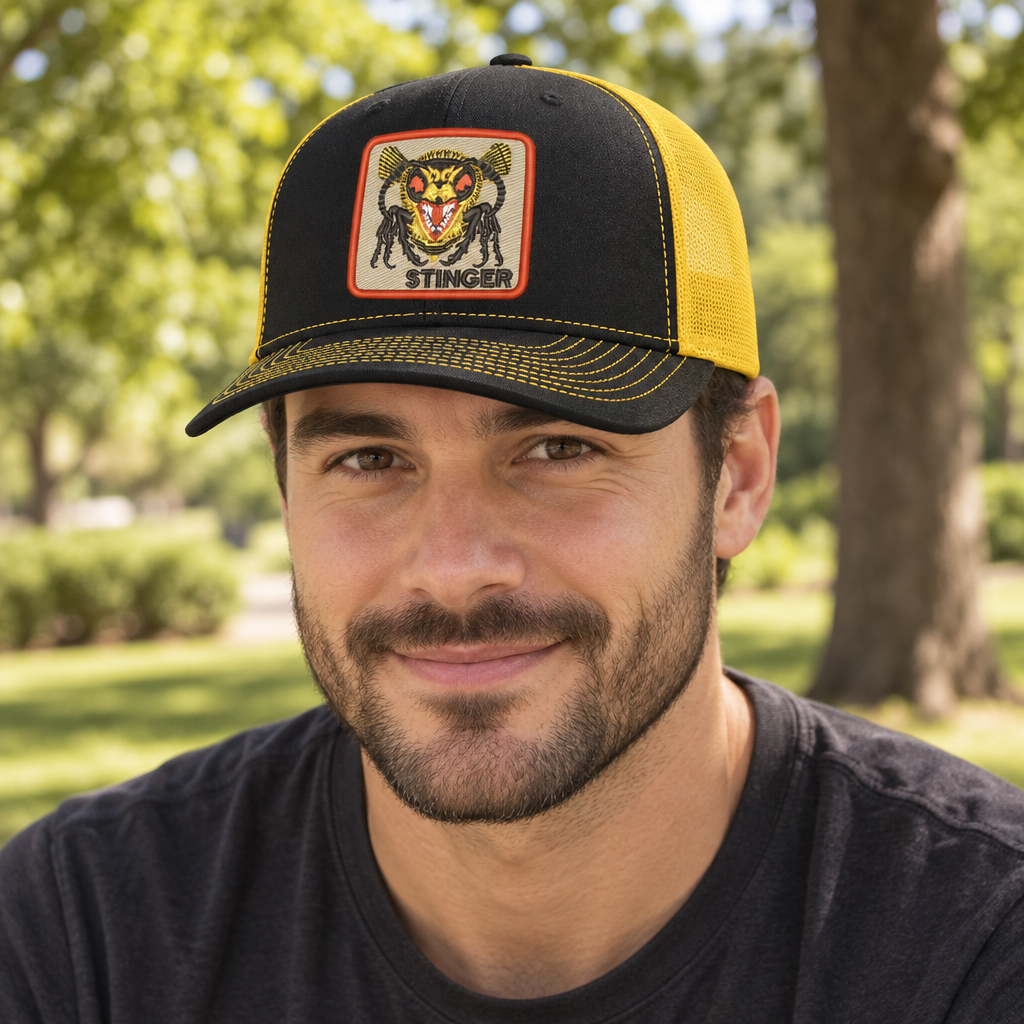 Stinger Hornet — Stinger Hornet - Black and Gold - Standard Bill Embroidered Trucker Hat — lifestyle alt