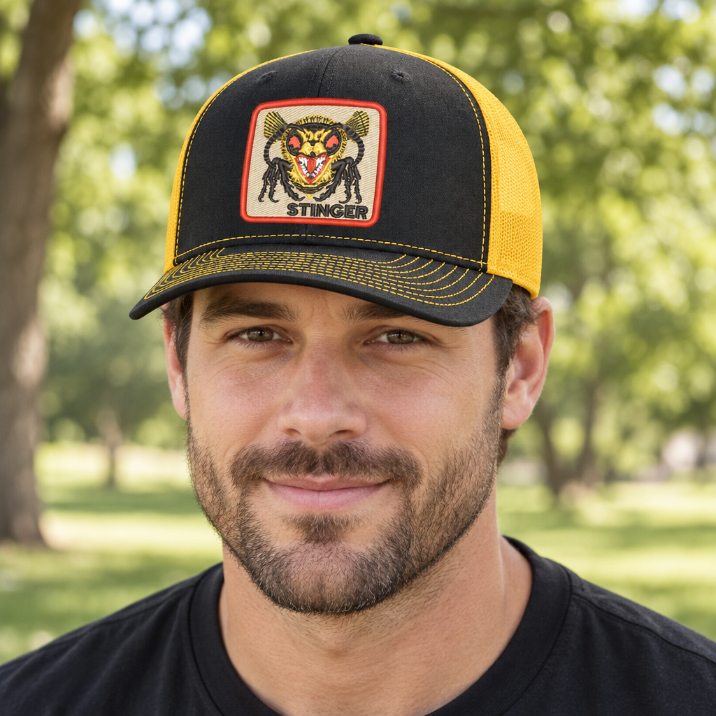 Stinger Hornet — Stinger Hornet - Black and Gold - Standard Bill Embroidered Trucker Hat — lifestyle hero