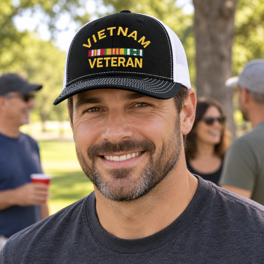 Vietnam Veteran — Vietnam Veteran - Black and White - Standard Embroidered Trucker Hat — lifestyle alt