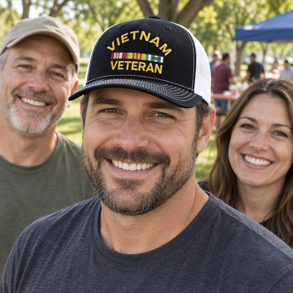 Vietnam Veteran — Vietnam Veteran - Black and White - Standard Embroidered Trucker Hat — lifestyle group