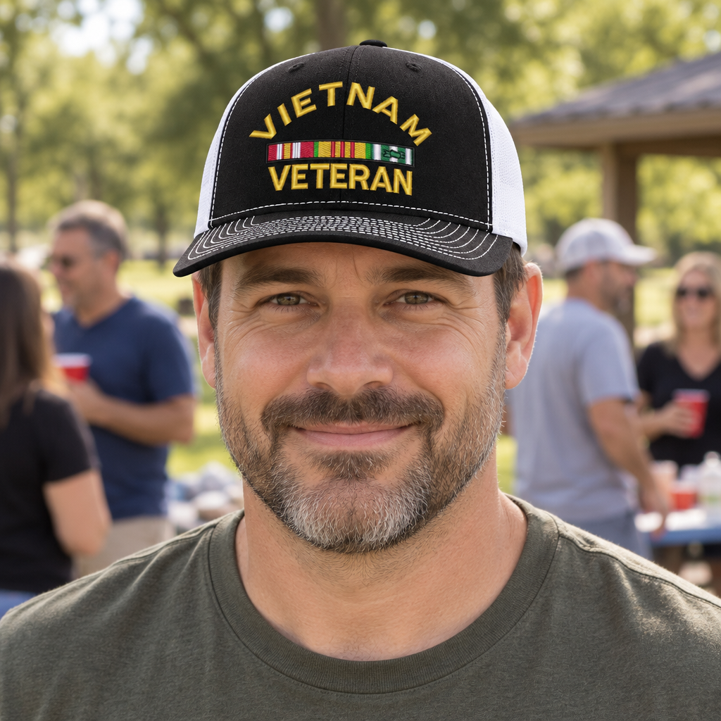 Vietnam Veteran — Vietnam Veteran - Black and White - Standard Embroidered Trucker Hat — lifestyle hero