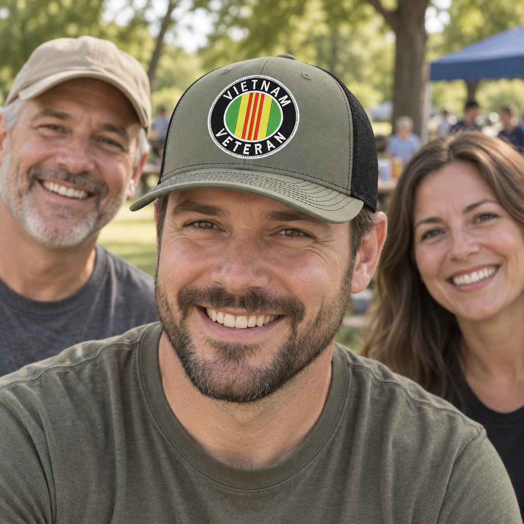 Vietnam Veteran Oval — Vietnam Veteran Oval Logo - Army Green and Black - Standard Bill Embroidered Trucker Hat — lifestyle group