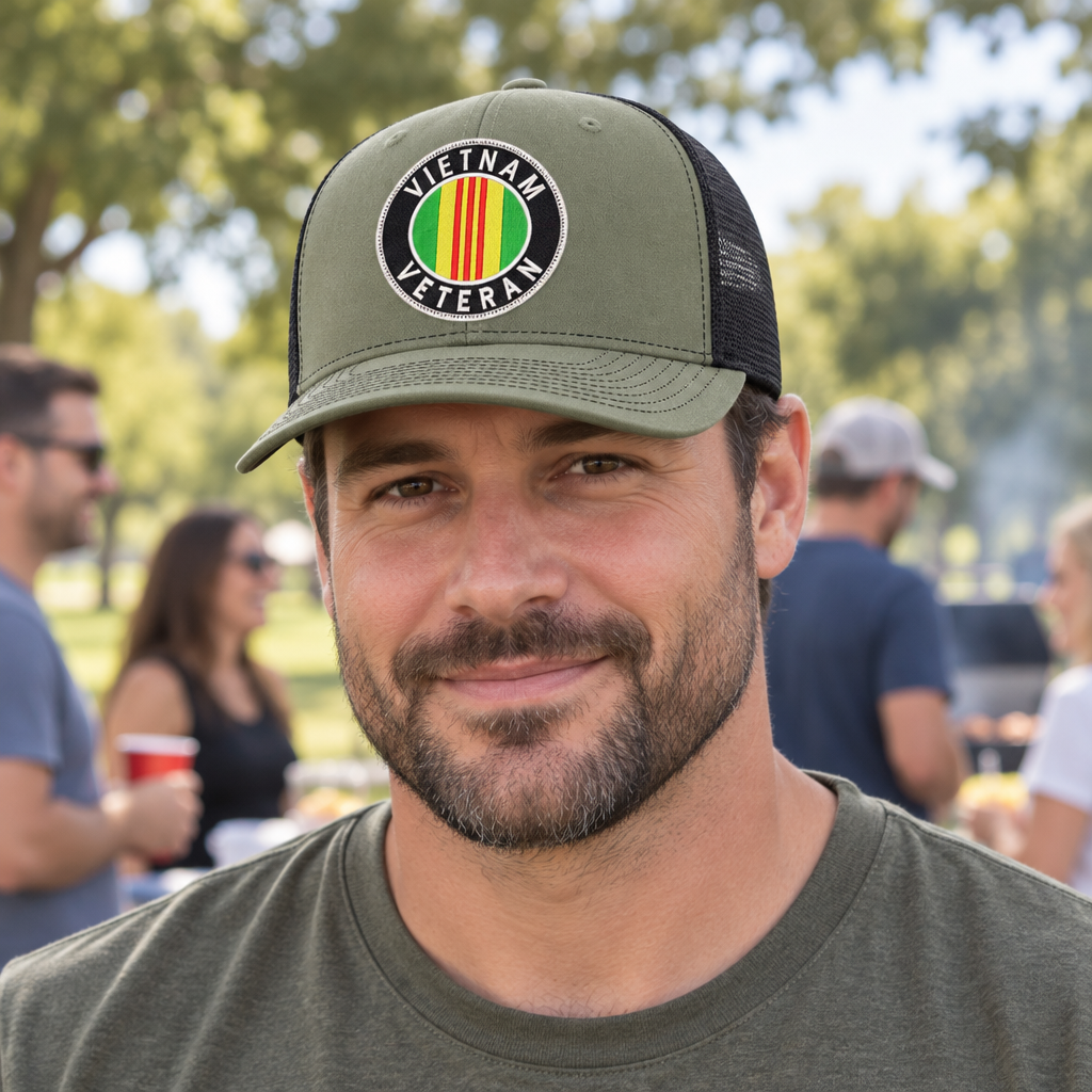 Vietnam Veteran Oval — Vietnam Veteran Oval Logo - Army Green and Black - Standard Bill Embroidered Trucker Hat — lifestyle hero