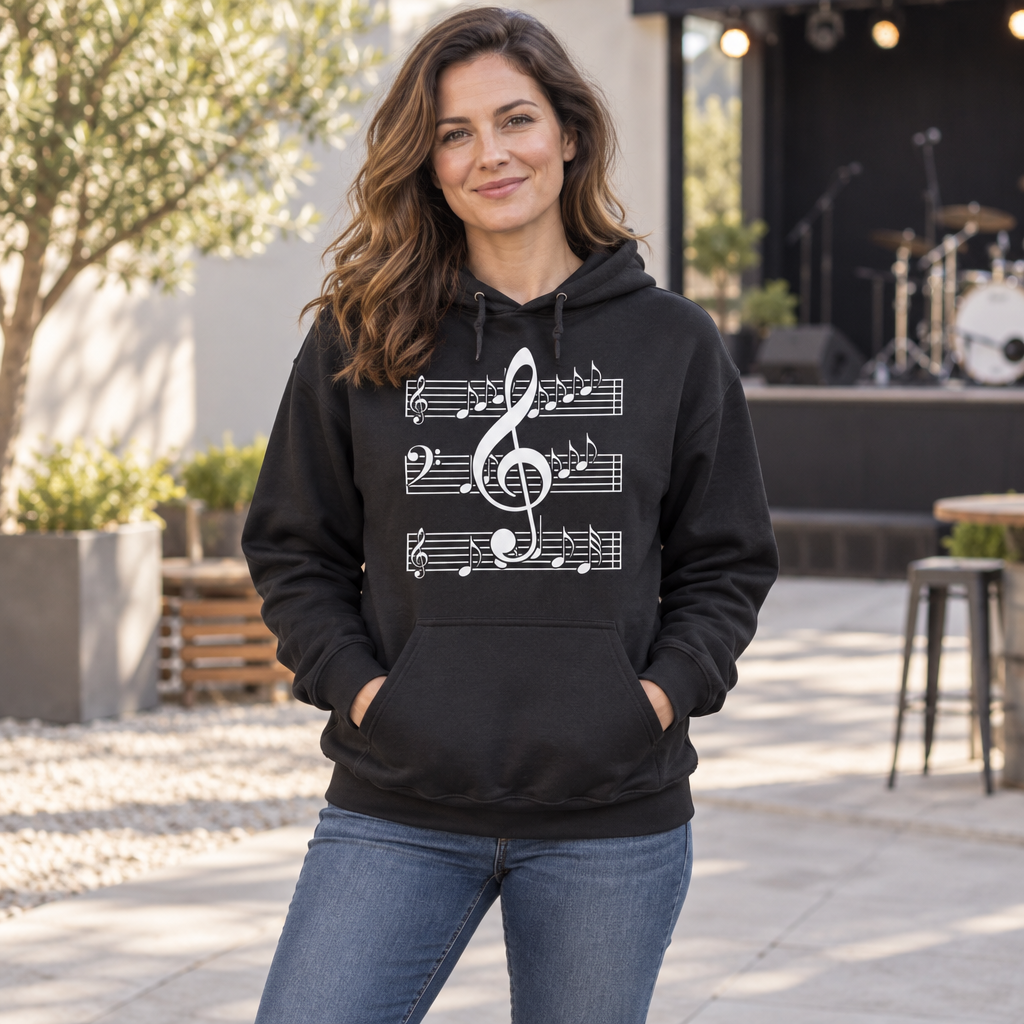 Music Notes Treble Clef — Black Hoodie — lifestyle hero