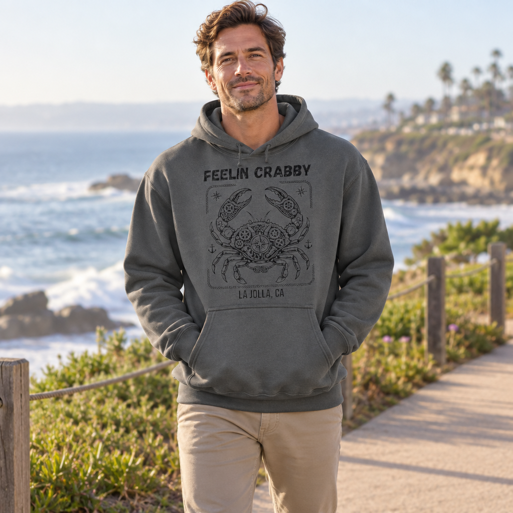 Feelin Crabby La Jolla — Charcoal Hoodie — lifestyle hero