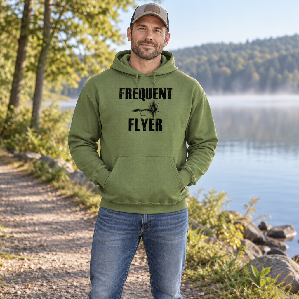 Frequent Flyer Fishing — Military Green Hoodie — lifestyle hero